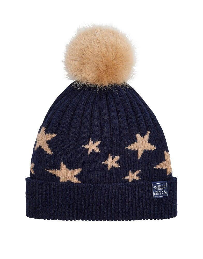 Joules Ladies Saffy Intarsia Knitted Bobble Hat Navy Star